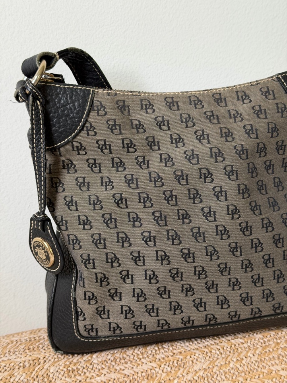 VTG Dooney & Bourke Taupe Canvas Monogram Shoulder Bag with Black Trim Y2K